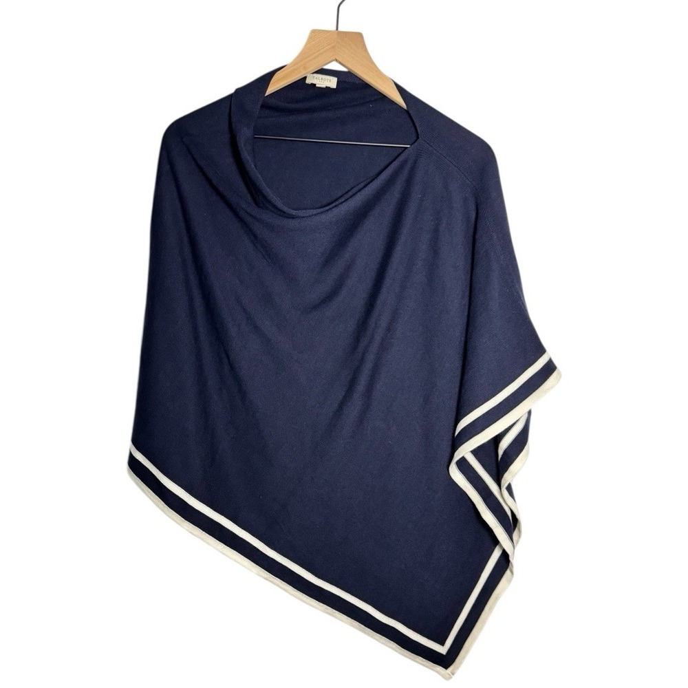 Talbots Border Stripe Asymmetrical Tipped Poncho Shawl Sweater Womens S/M Blue